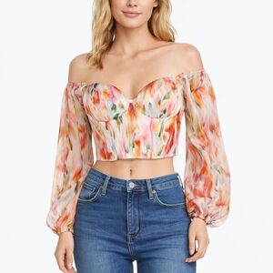 Marciano Guess ($180) Floral Corset Top Off Shoulder Puff Sleeve Bustier Crop
